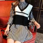 Knit Vest / Long-sleeve Striped Mini Dress