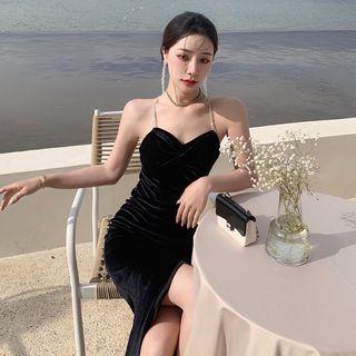 Rhinestone Strap Shirred Velvet Bodycon Dress