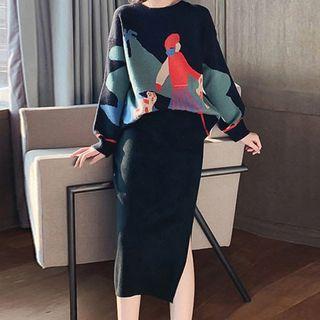 Set: Printed Sweater + Straight-fit Midi Knit Skirt