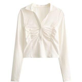 Long-sleeve Polo-neck Ruched Crop Top