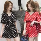 Elbow-sleeve Dotted V-neck Playsuit