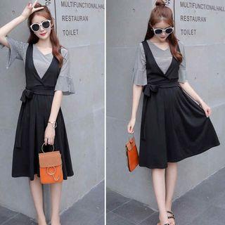 Set: Striped Elbow Sleeve T-shirt + Suspender Pinafore Dress