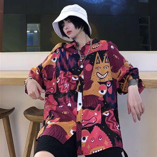 Long-sleeve Graffiti Oversized Shirt Red - One Size