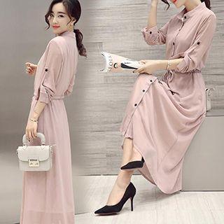 Chiffon Stand Collar Maxi Shirtdress