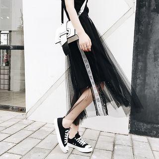 Lace Trim Midi Mesh A-line Skirt