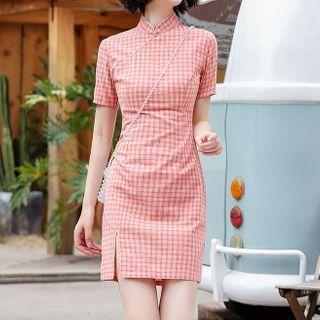 Faux Pearl Trim Short-sleeve Plaid Mini Qipao