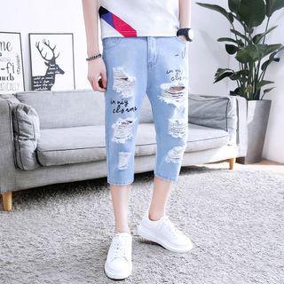 Distressed Lettering Capri Jeans