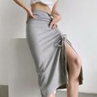 Plain High-waist Side-slit Skirt