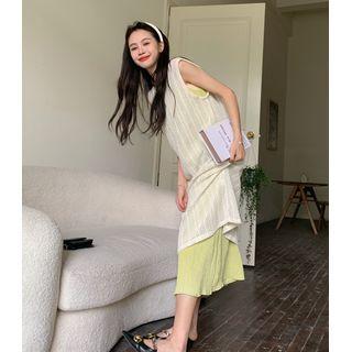 Spaghetti-strap Scoop Neck Plain Midi Sundress / Pointelle Knit Tank Dress