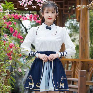 Set: Long-sleeve Traditional Chinese Top + Mini A-line Skirt