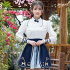 Set: Long-sleeve Traditional Chinese Top + Mini A-line Skirt