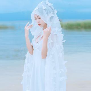 Spaghetti Strap Midi Shift Dress / Butterfly Detail Hooded Cape / Set