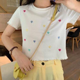 Heart Embroidered Short-sleeve Lettuce Edge Cropped T-shirt