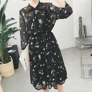 Set: Floral Print 3/4-sleeve Chiffon Dress + Strappy Dress