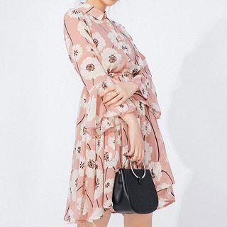 Set: Plain Slipdress + Flower Print Long-sleeve Dress