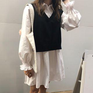 Mini Shirtdress / V-neck Knit Vest
