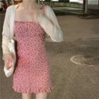 Floral Print Spaghetti-strap Mini Sheath Dress / Cardigan