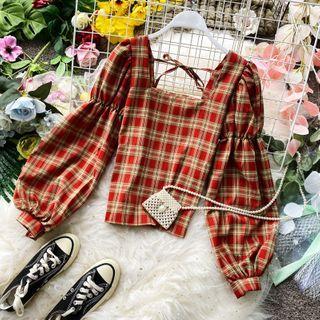 Square-neck Elbow-sleeve Gingham Blouse