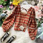 Square-neck Elbow-sleeve Gingham Blouse