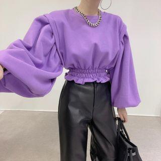 Bishop-sleeve Shirred Cropped Sweatshirt / Fluffy Neckwarmer