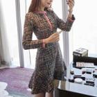 Long-sleeve Contrast-trim Ruffle Hem Mini Tweed Dress
