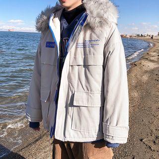 Furry-neck Lettering Printed Cargo Jacket
