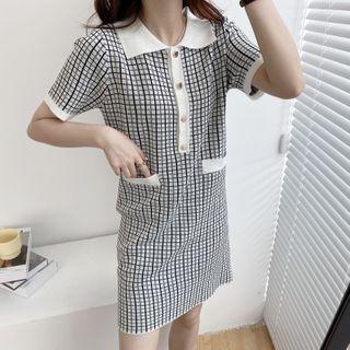 Contrast Trim Short-sleeve Plaid Polo Shirt Dress