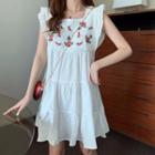 Flower Embroidered Sleeveless Shift Dress As Shown In Figure - One Size