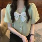 Puff Sleeve Waffle Bow Detail Blouse