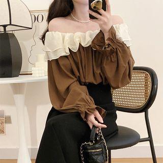Long-sleeve Ruffle Blouse Coffee - One Size