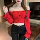 Long-sleeve Off-shoulder Crop Top Red - One Size