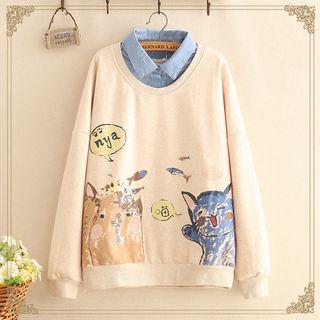 Mock-two Piece Cat Print Sweatshirt