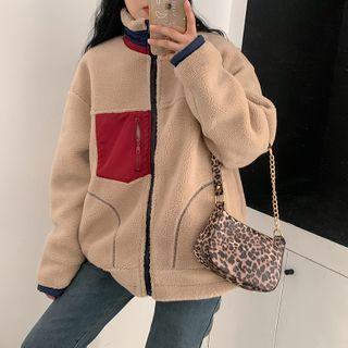 Stand-collar Contrast Panel Fleece Jacket Camel - One Size