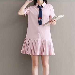 Short-sleeve Pleated Shirtdress With Tie
