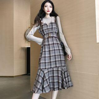 Plain Long-sleeve T-shirt / Plaid Midi Pinafore Dress