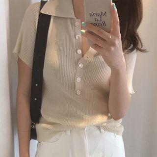 Lapel Ribbed Short-sleeve Knit Top