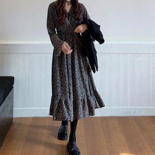 Floral Midi A-line Dress / Plain Knit Sweater / Set