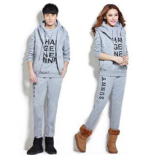 Set: Couple Hooded Lettering Top + Hooded Vest + Pants