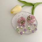 Faux Crystal Fabric Dangle Earring 1 Pair - Pink & Green Flower - White & Purple - One Size