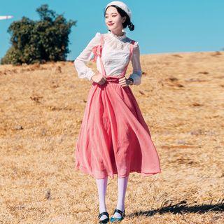 Set: Mock Neck Blouse + Plaid Suspender Midi Skirt