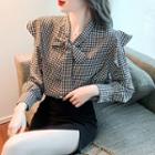 Long-sleeve Houndstooth Ruffled Bow Blouse