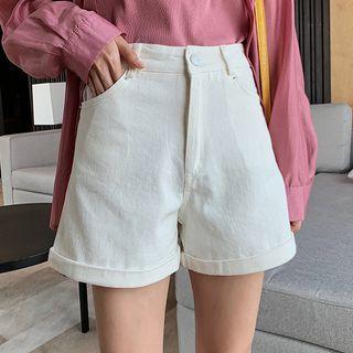 High-waist Plain Cuffed Denim Shorts