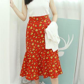 Banana Print Linen Ruffle-hem Skirt