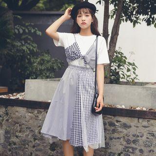 Set: Short-sleeve Top + Patterned A-line Midi Skirt