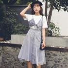 Set: Short-sleeve Top + Patterned A-line Midi Skirt