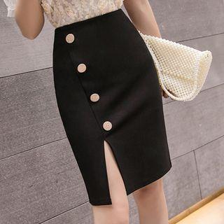 High-waist Single-breasted Asymmetric Side-slit Skirt