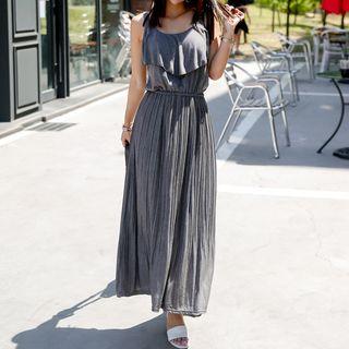 Spaghetti-strap Pleated-hem Long Dress