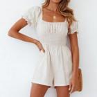 Puff-sleeve Square-neck Plain Romper