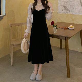 Mock Two-piece Long-sleeve Midi A-line Dress White & Black - One Size