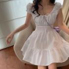 Puff-sleeve Tie-neck Mini A-line Dress